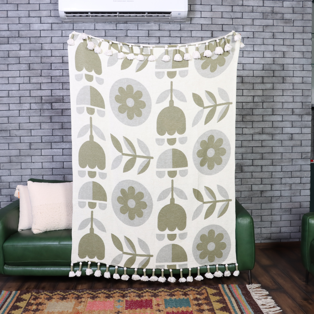 Olive Green  Handwoven Cotton Throw with fringe 50" x 60" (127 x 172 cm)