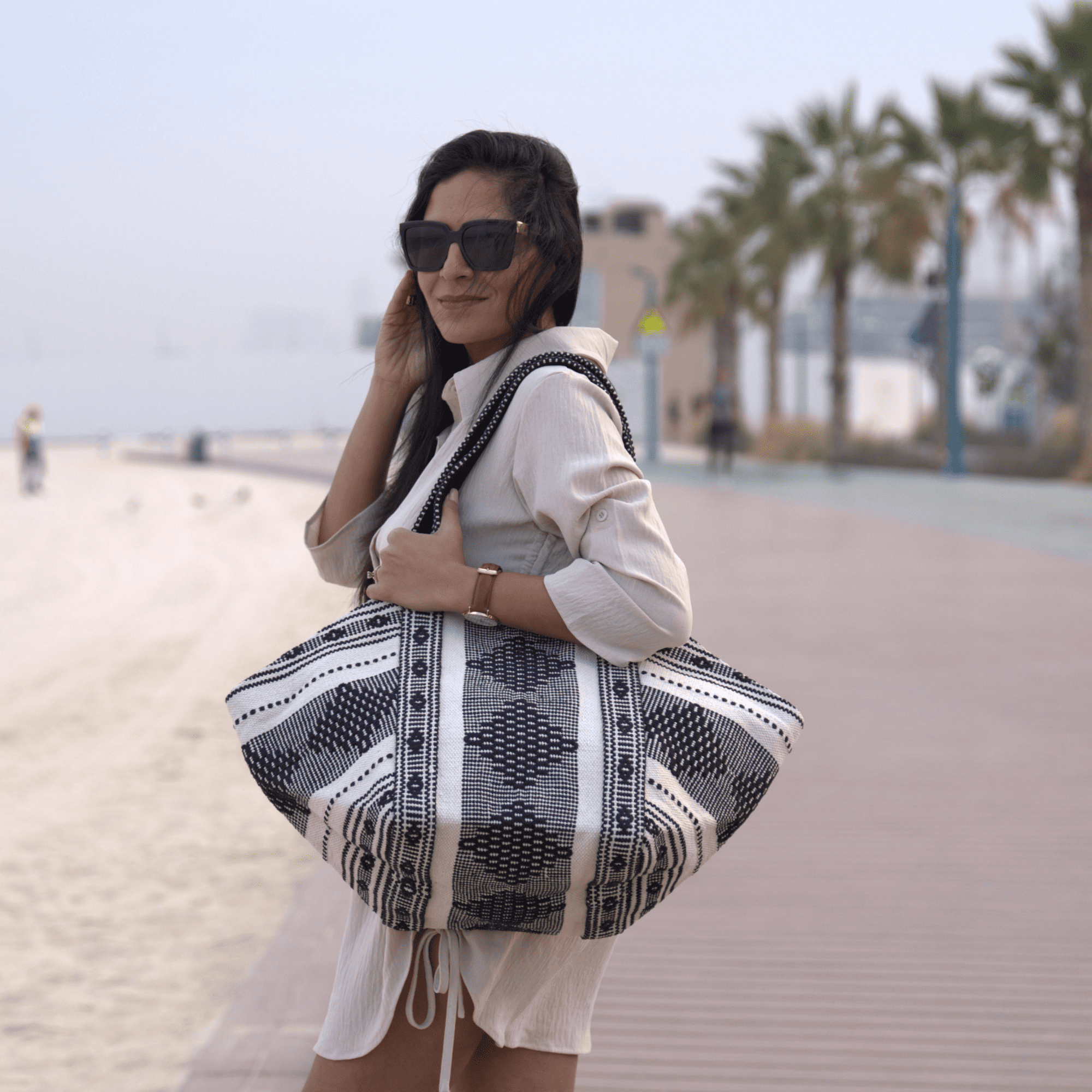 Safa Woven Tote Bag - Beige & Black, Large