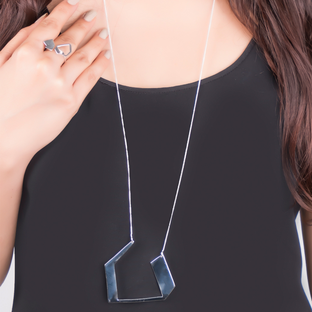 Handmade Geometric Wings Silver Necklace Long