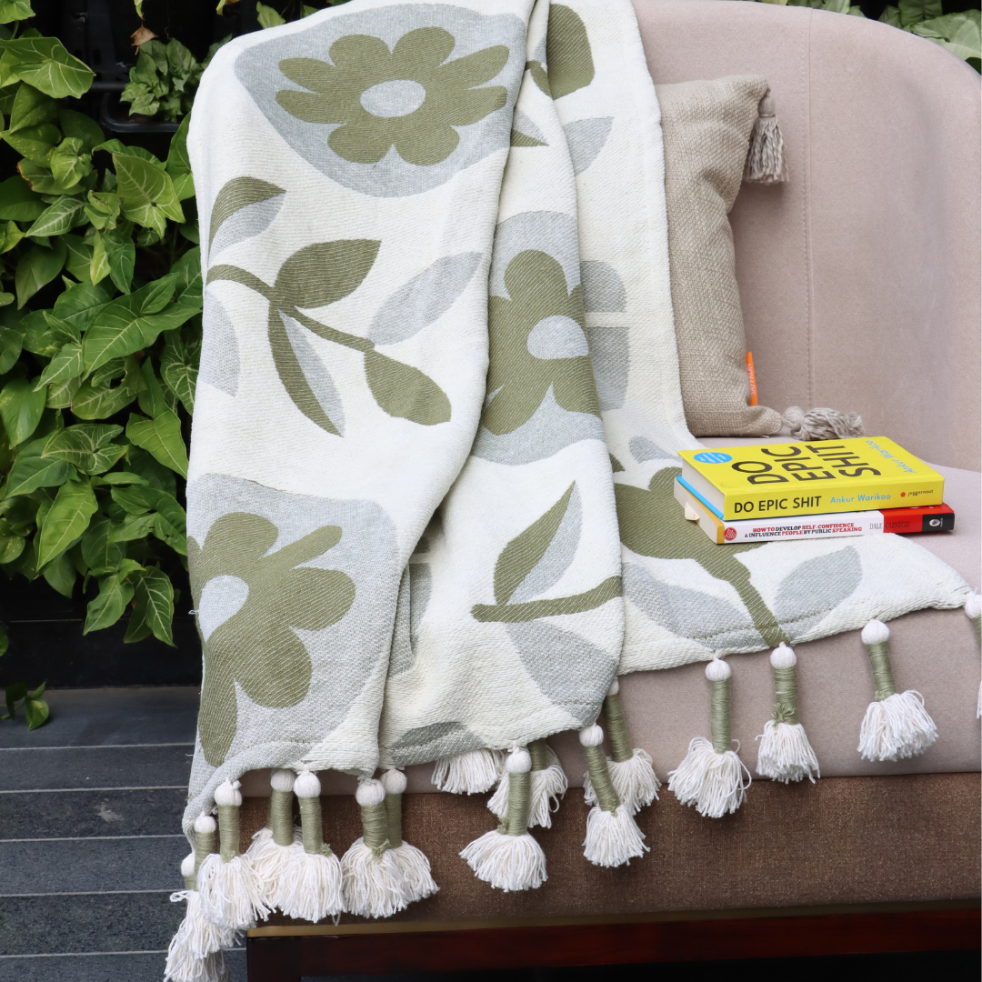 Olive Green  Handwoven Cotton Throw with fringe 50" x 60" (127 x 172 cm)