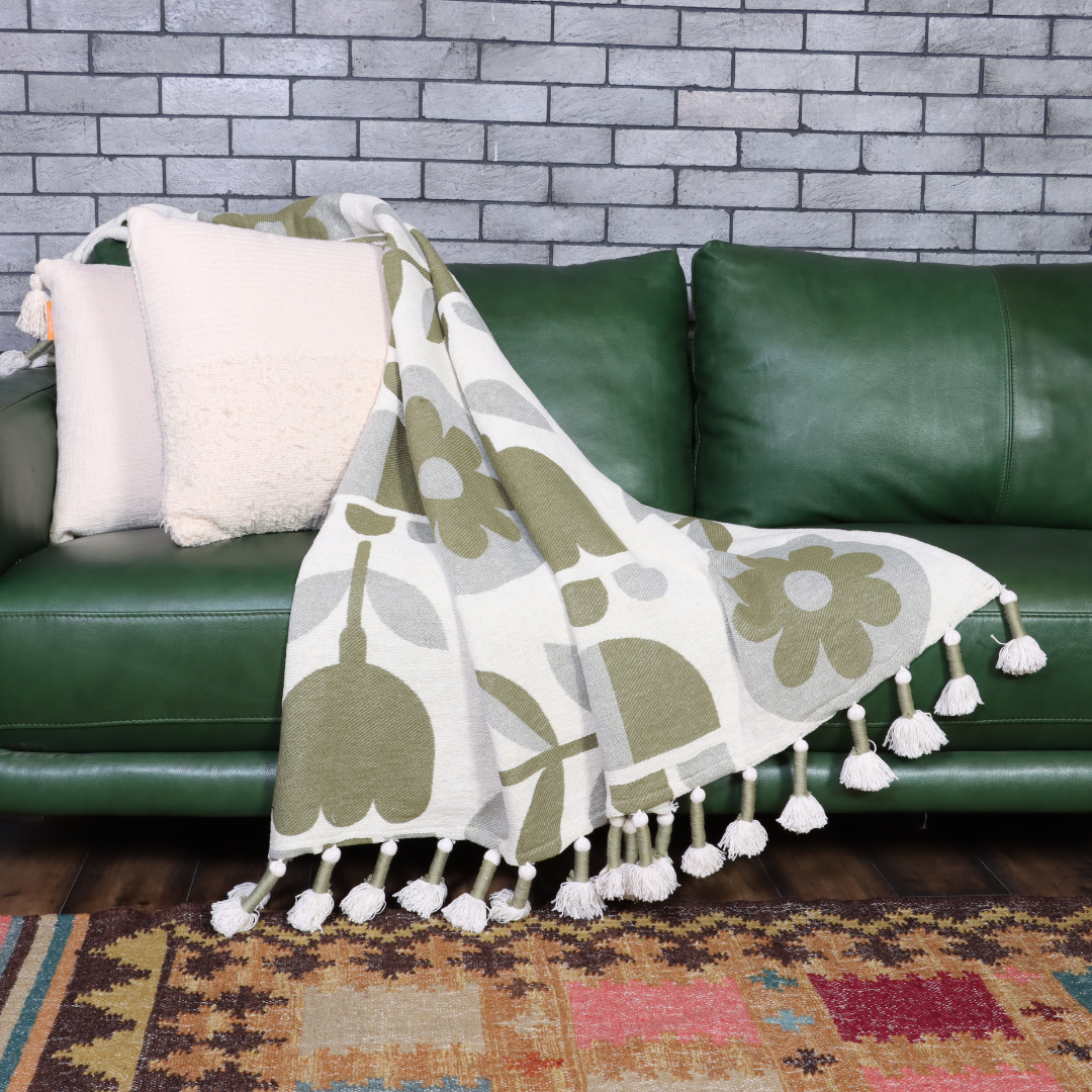 Olive Green  Handwoven Cotton Throw with fringe 50" x 60" (127 x 172 cm)