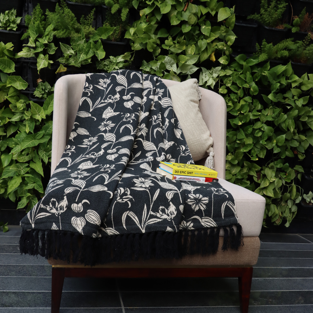 Black & Beige Handwoven Cotton Throw with fringe 50" x 60" (127 x 172 cm)