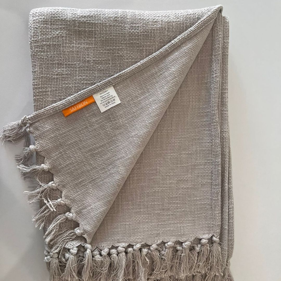Handwoven Cotton Throw with tassels in Grey 50" x 70" (127 x 177 cm)