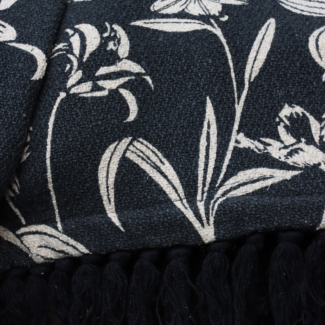 Black & Beige Handwoven Cotton Throw with fringe 50" x 60" (127 x 172 cm)