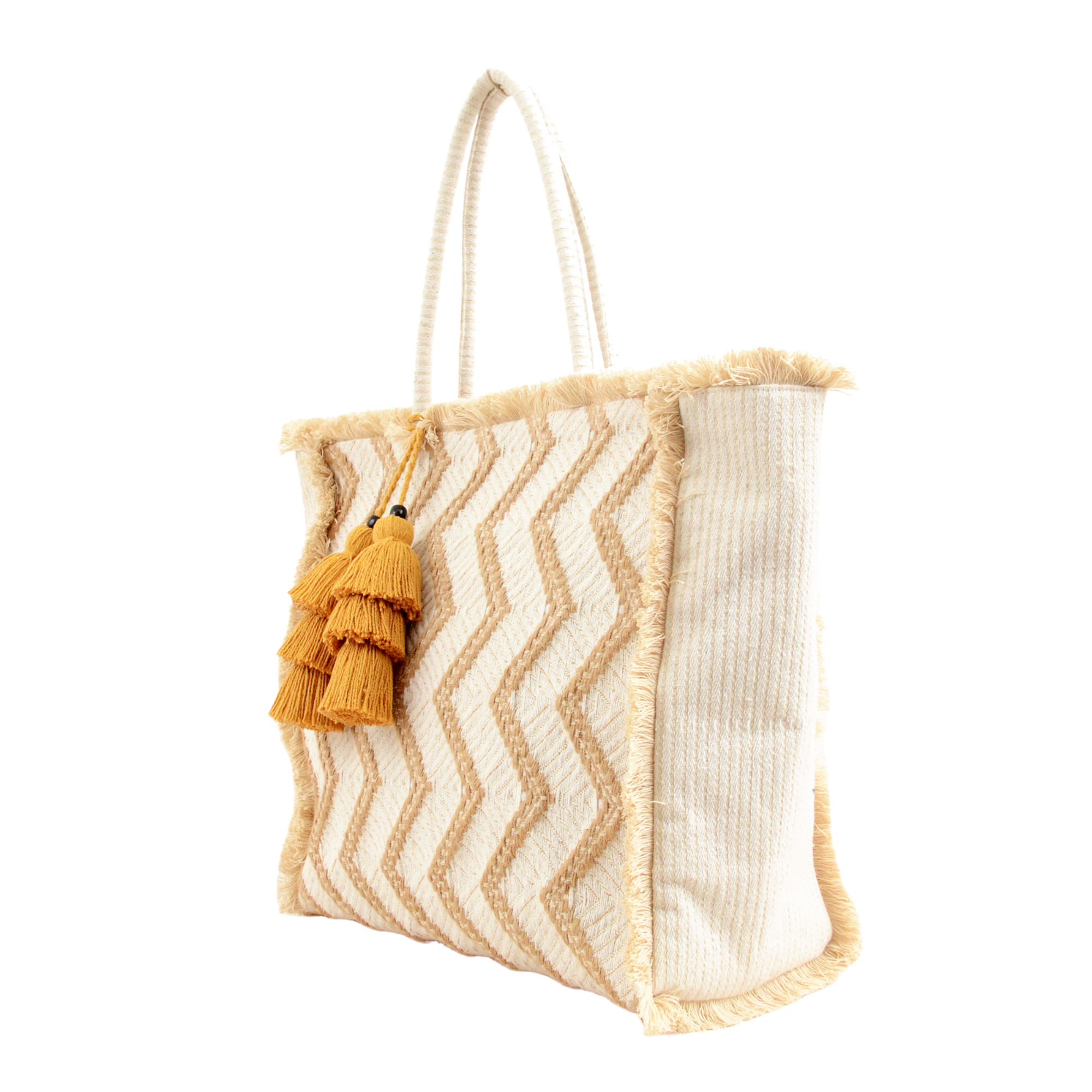 Zig Zag Carry All Shopping Tassel Bag - White