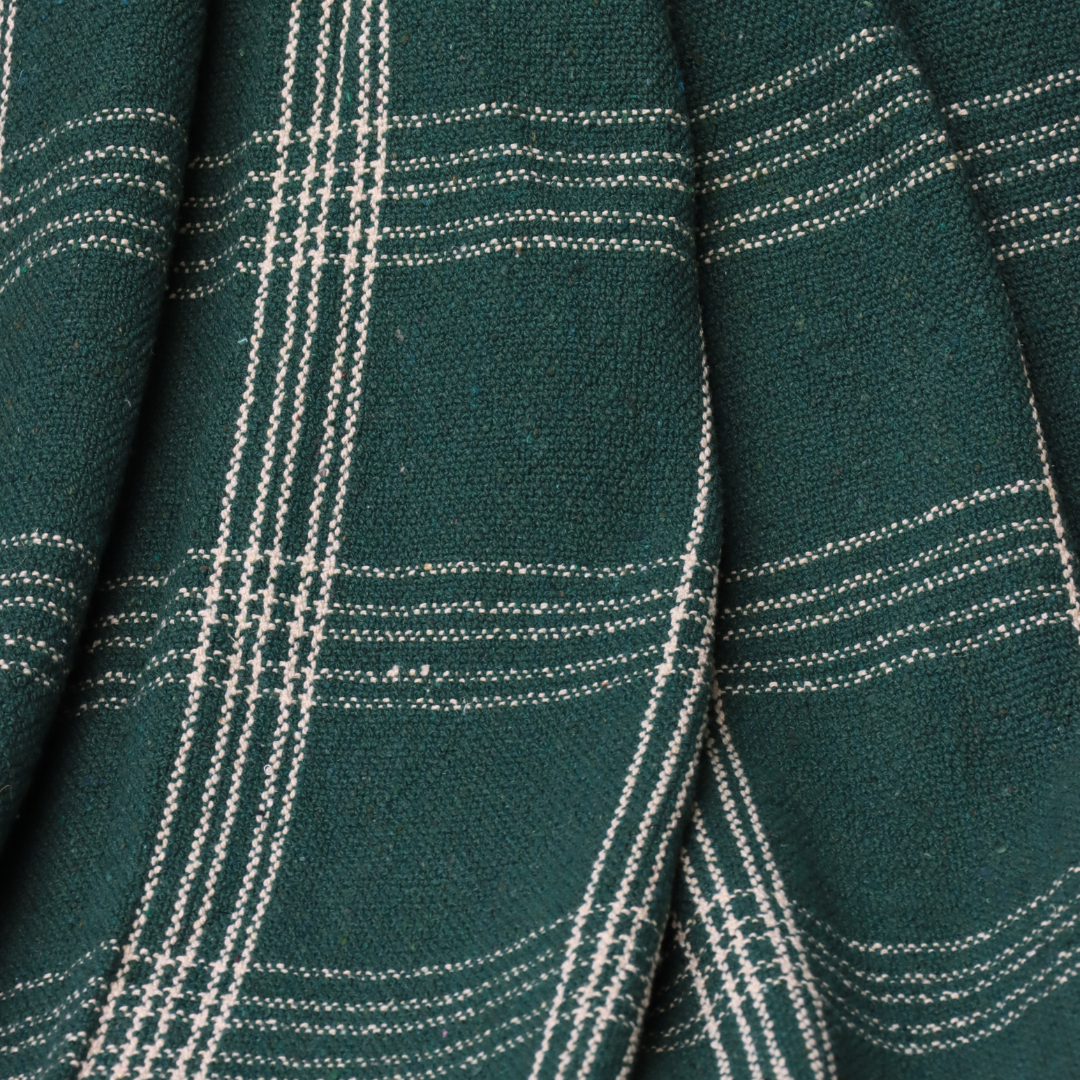 Green Handwoven Cotton Throw with fringe 50" x 60" (127 x 172 cm)