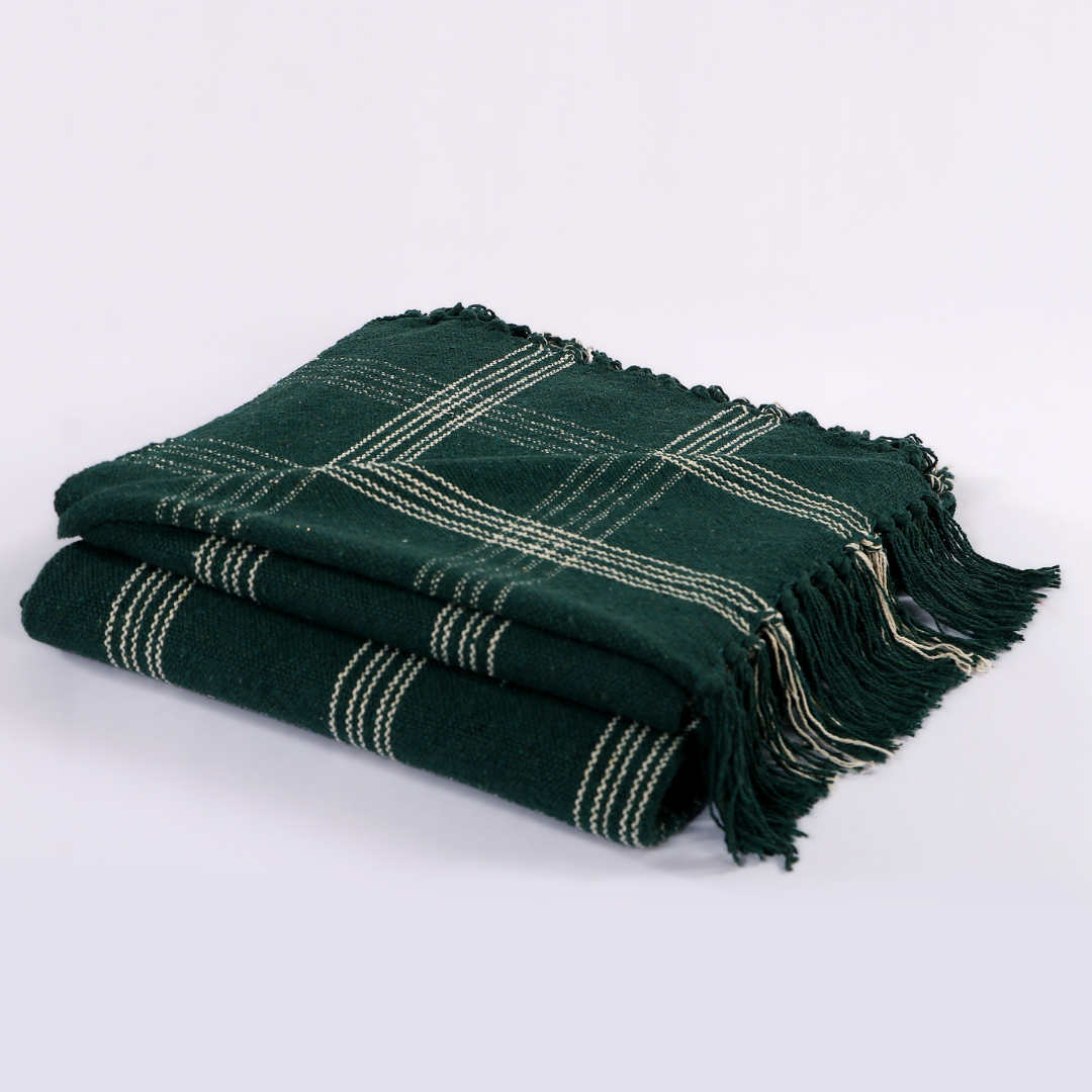 Green Handwoven Cotton Throw with fringe 50" x 60" (127 x 172 cm)