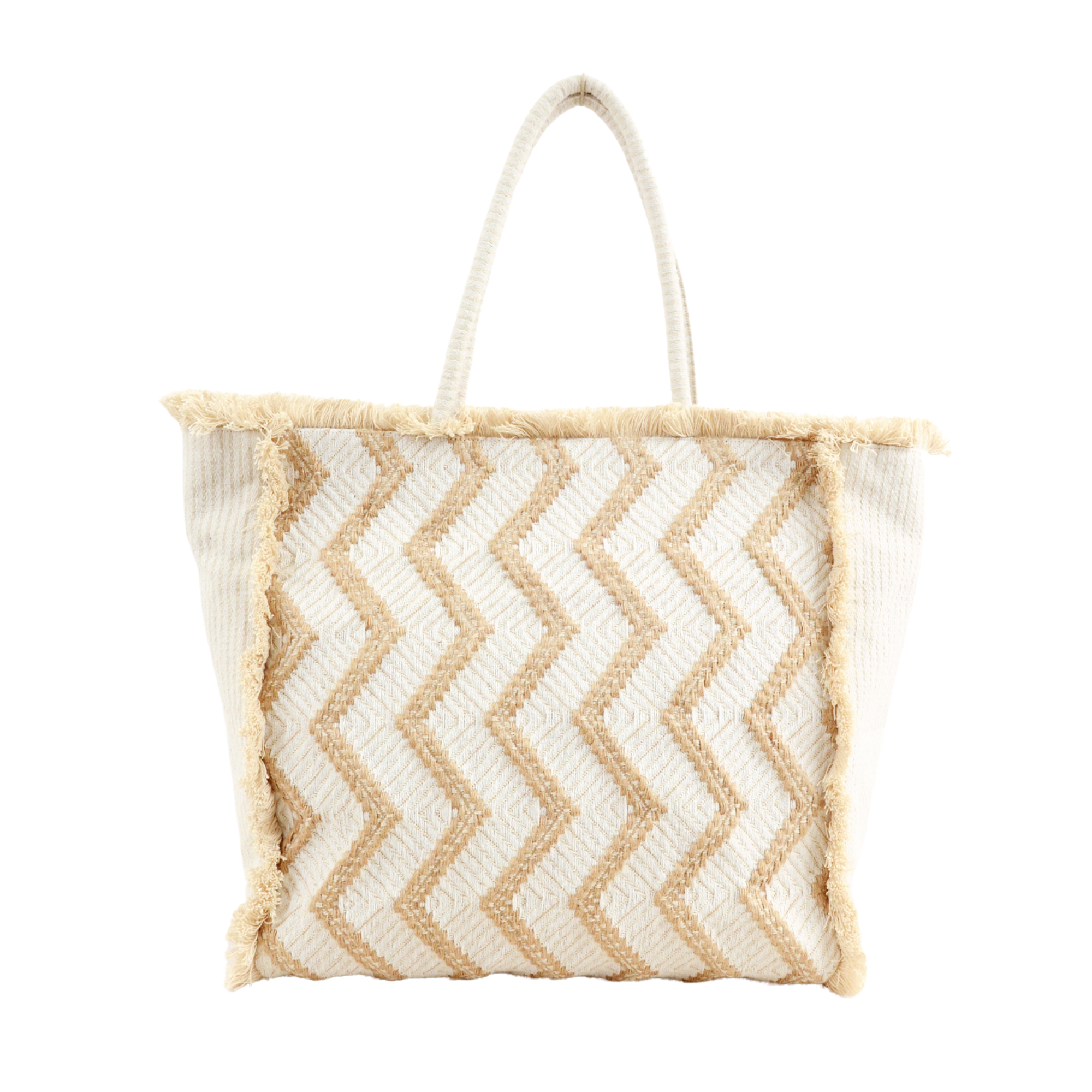 Zig Zag Carry All Shopping Tassel Bag - White