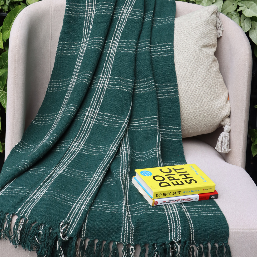 Green Handwoven Cotton Throw with fringe 50" x 60" (127 x 172 cm)