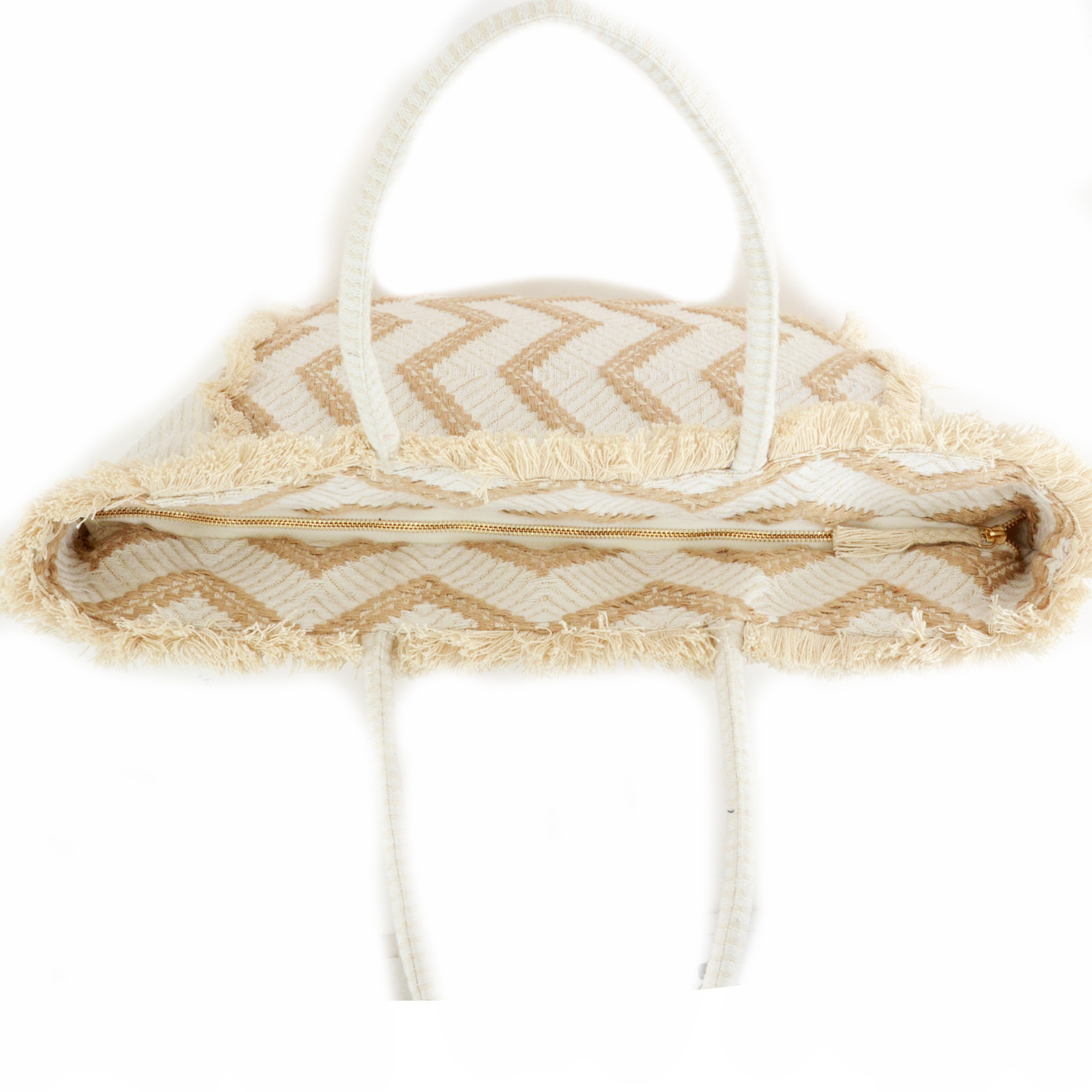 Zig Zag Carry All Shopping Tassel Bag - White