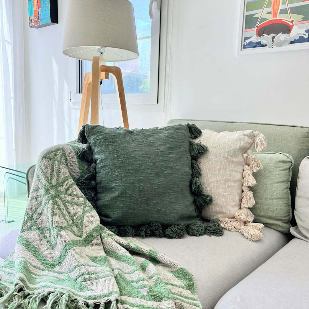 Osga Tasseled Cotton Cushion Cover Leaf Green 45 x 45 cm