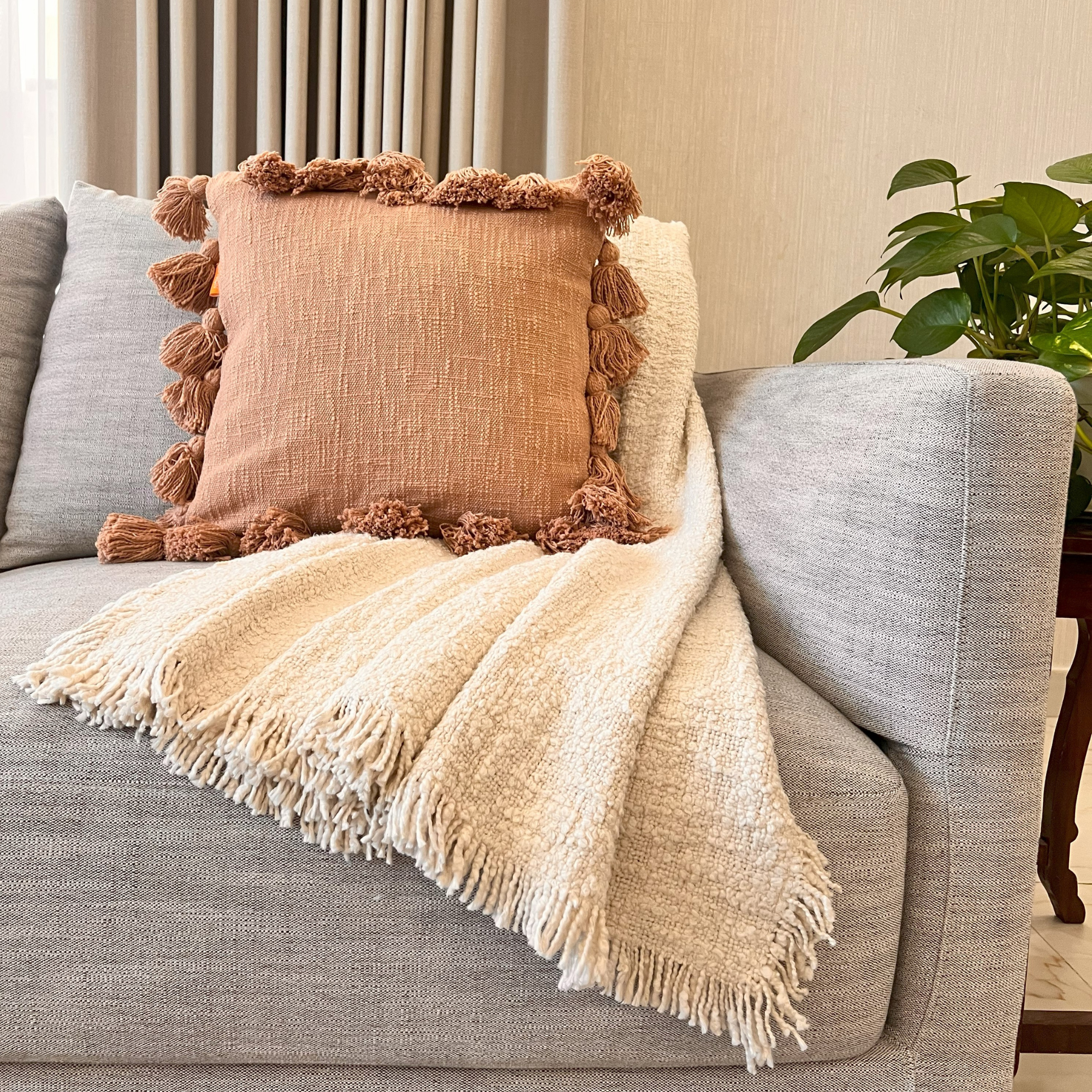 Osga Tasseled Cotton Cushion Beige Pink  45 x 45 cm