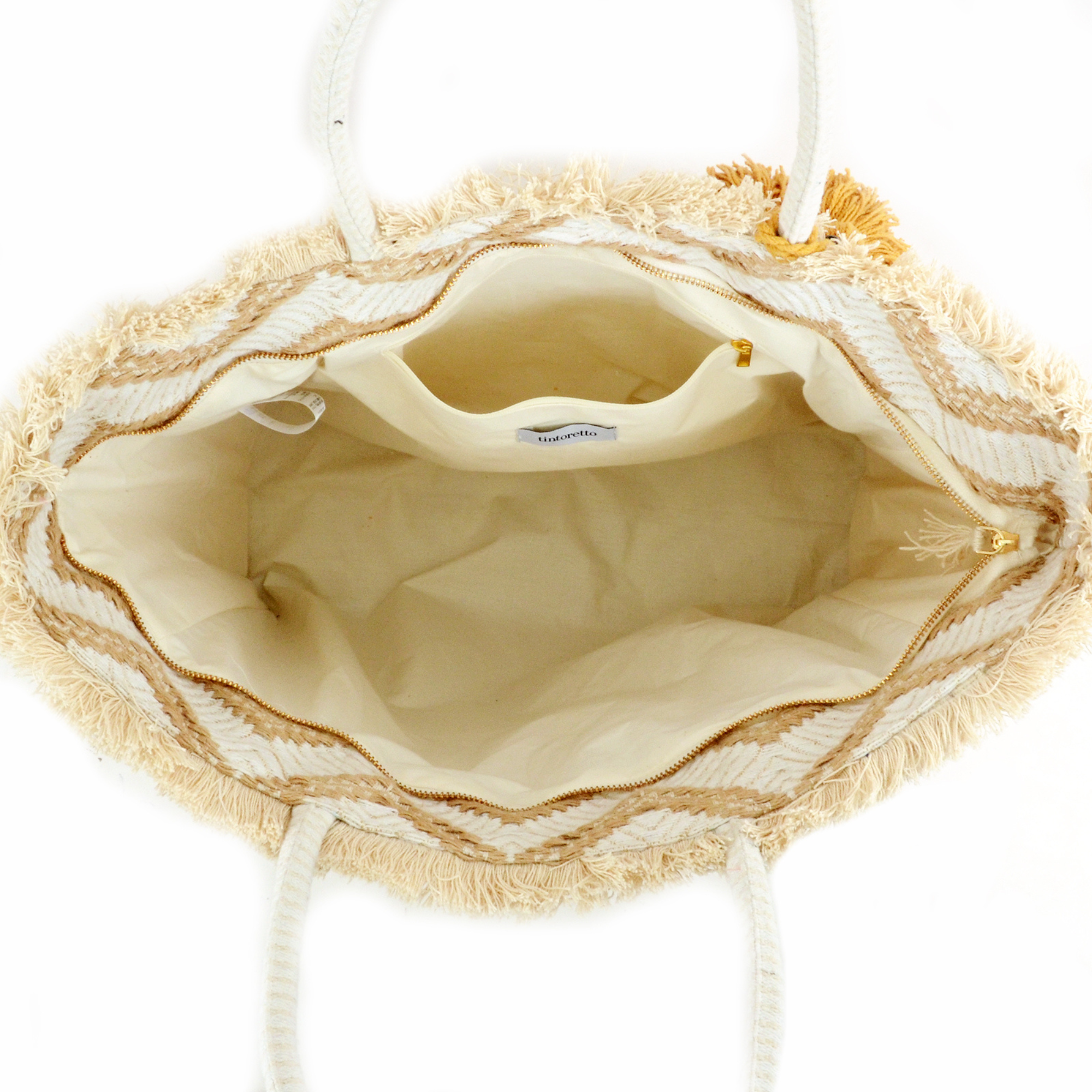 Zig Zag Carry All Shopping Tassel Bag - White