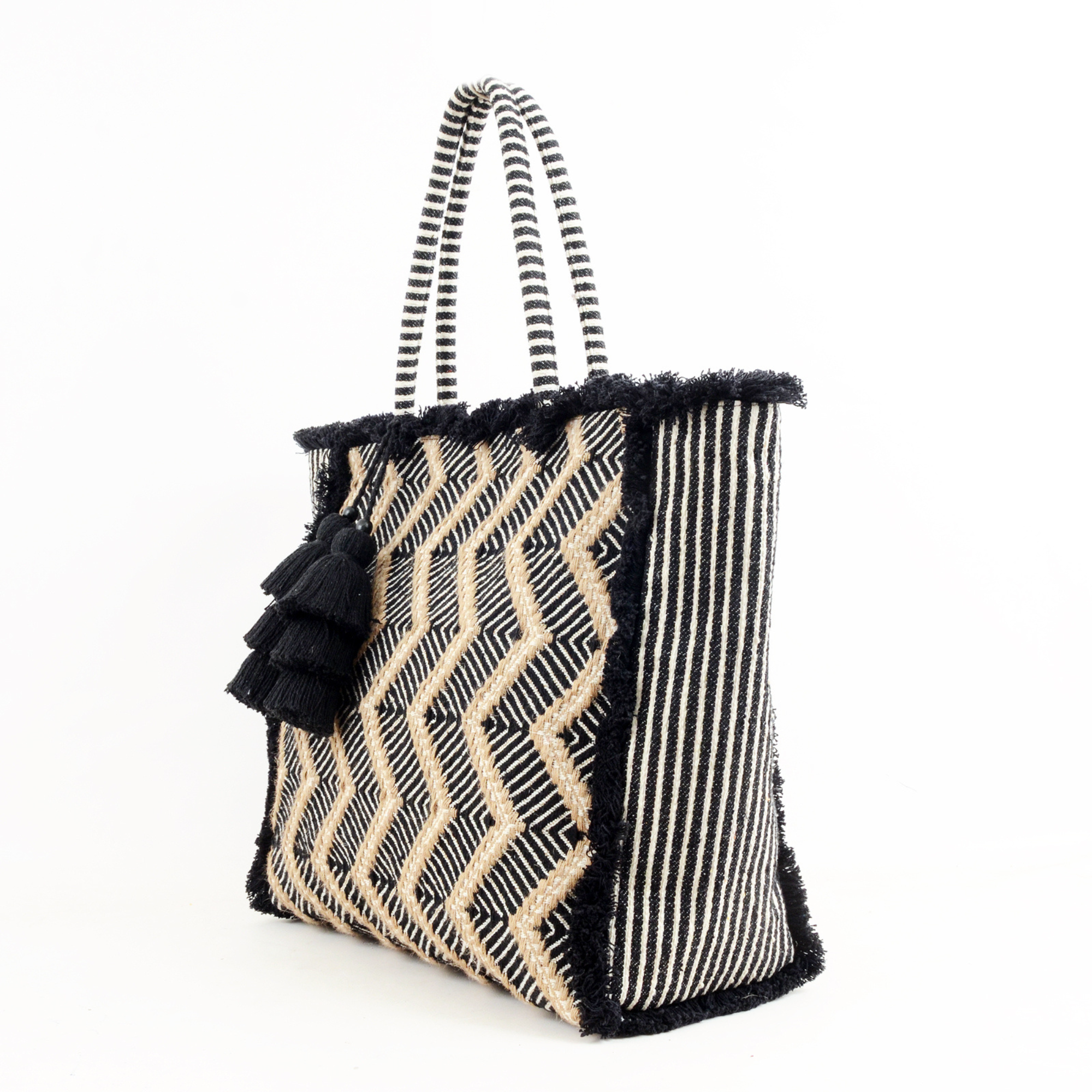 Zig Zag Carry All Shopping Tassel Bag - Black