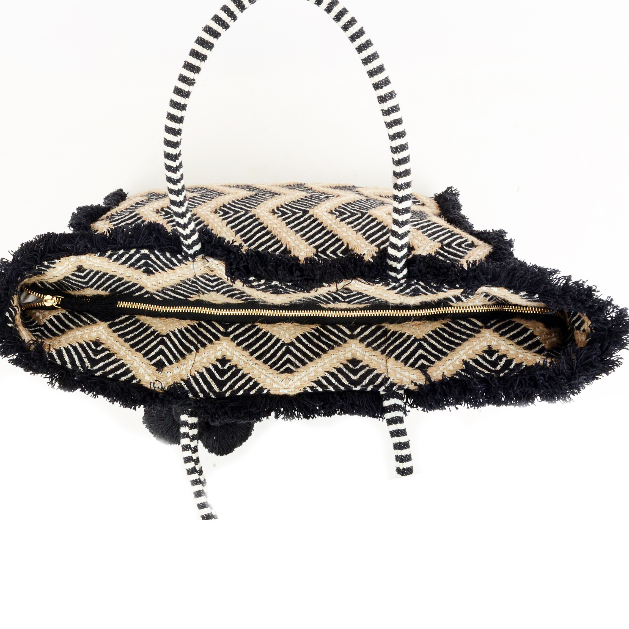 Zig Zag Carry All Shopping Tassel Bag - Black