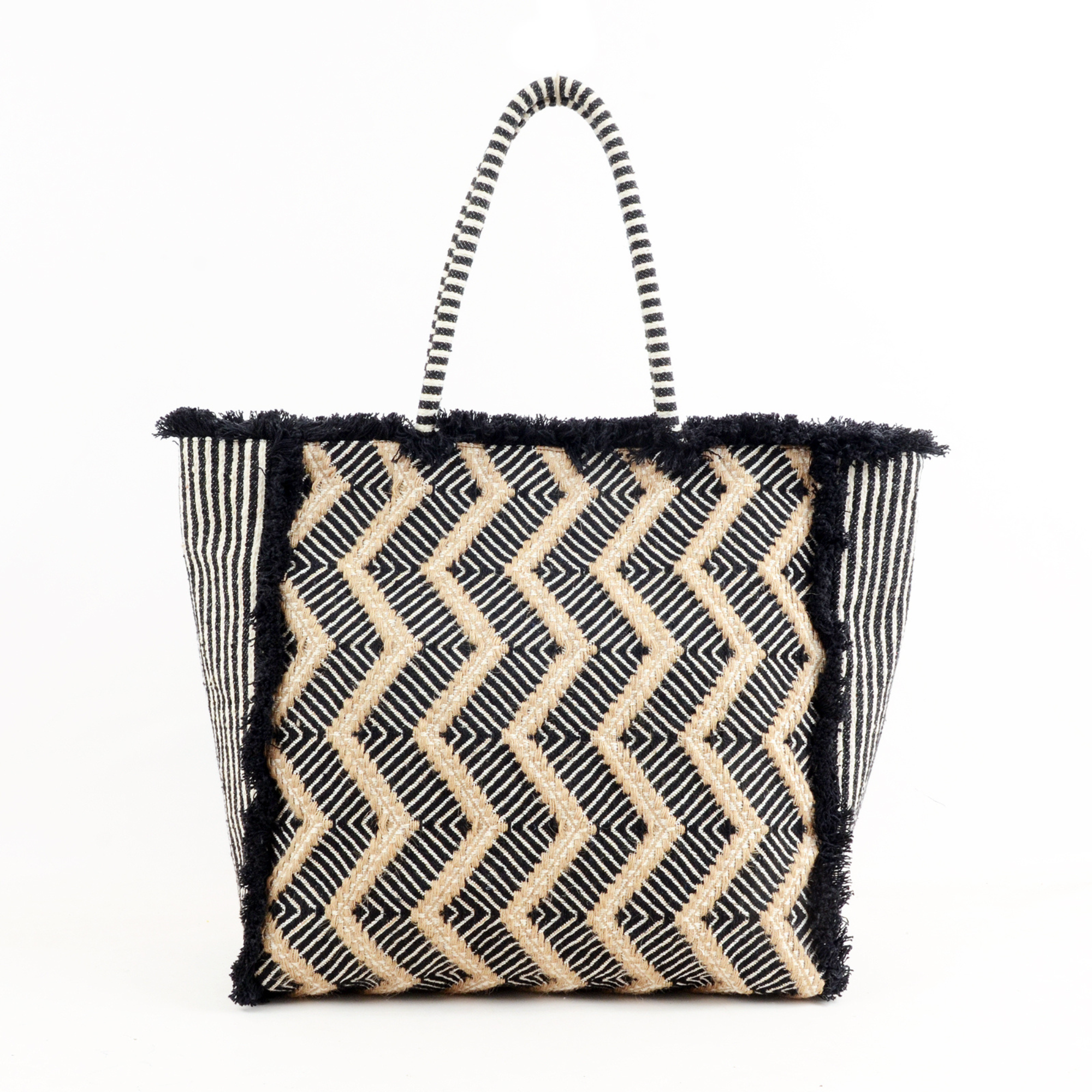 Zig Zag Carry All Shopping Tassel Bag - Black