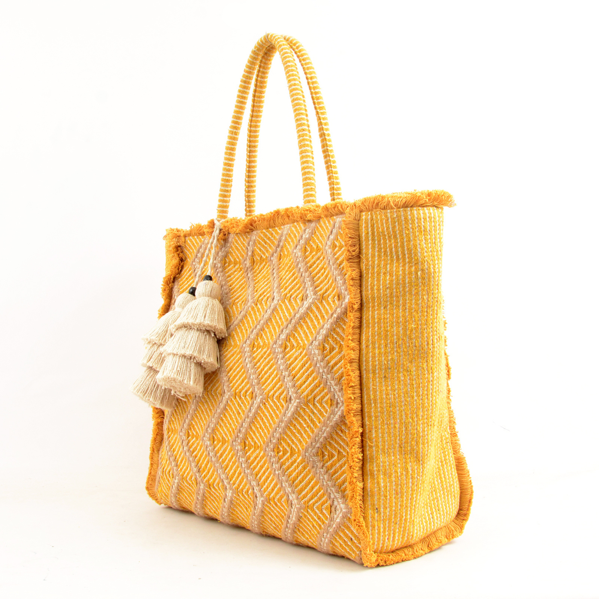 Zig Zag Carry All Shopping Tassel Bag - Mustard