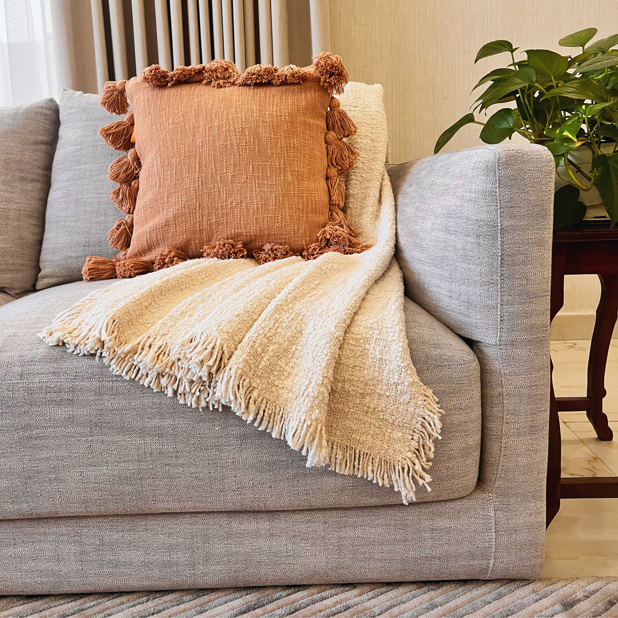 Osga Tasseled Cotton Cushion Beige Pink  45 x 45 cm