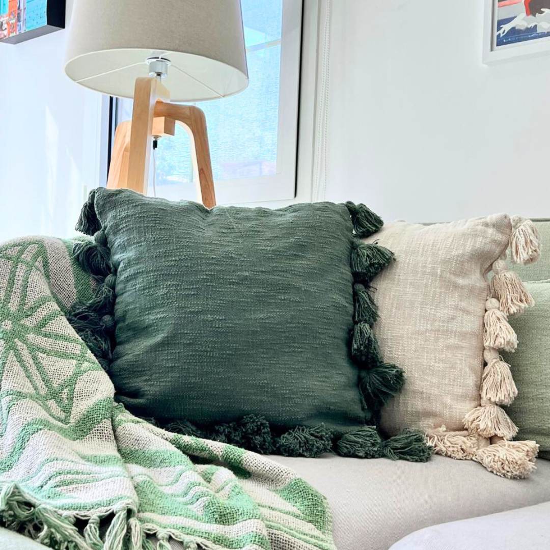 Osga Tasseled Cotton Cushion Cover Leaf Green 45 x 45 cm