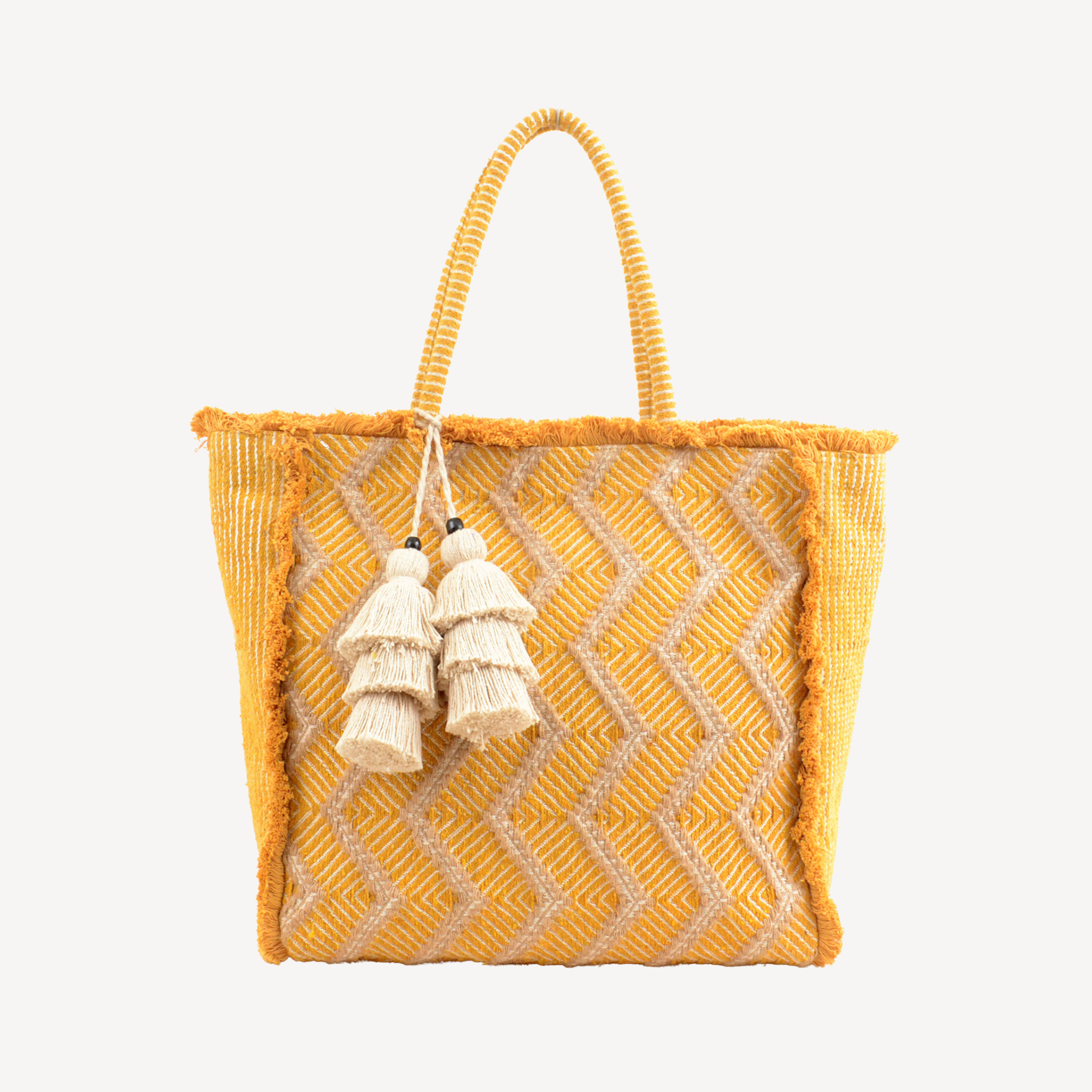 Zig Zag Carry All Shopping Tassel Bag - Mustard