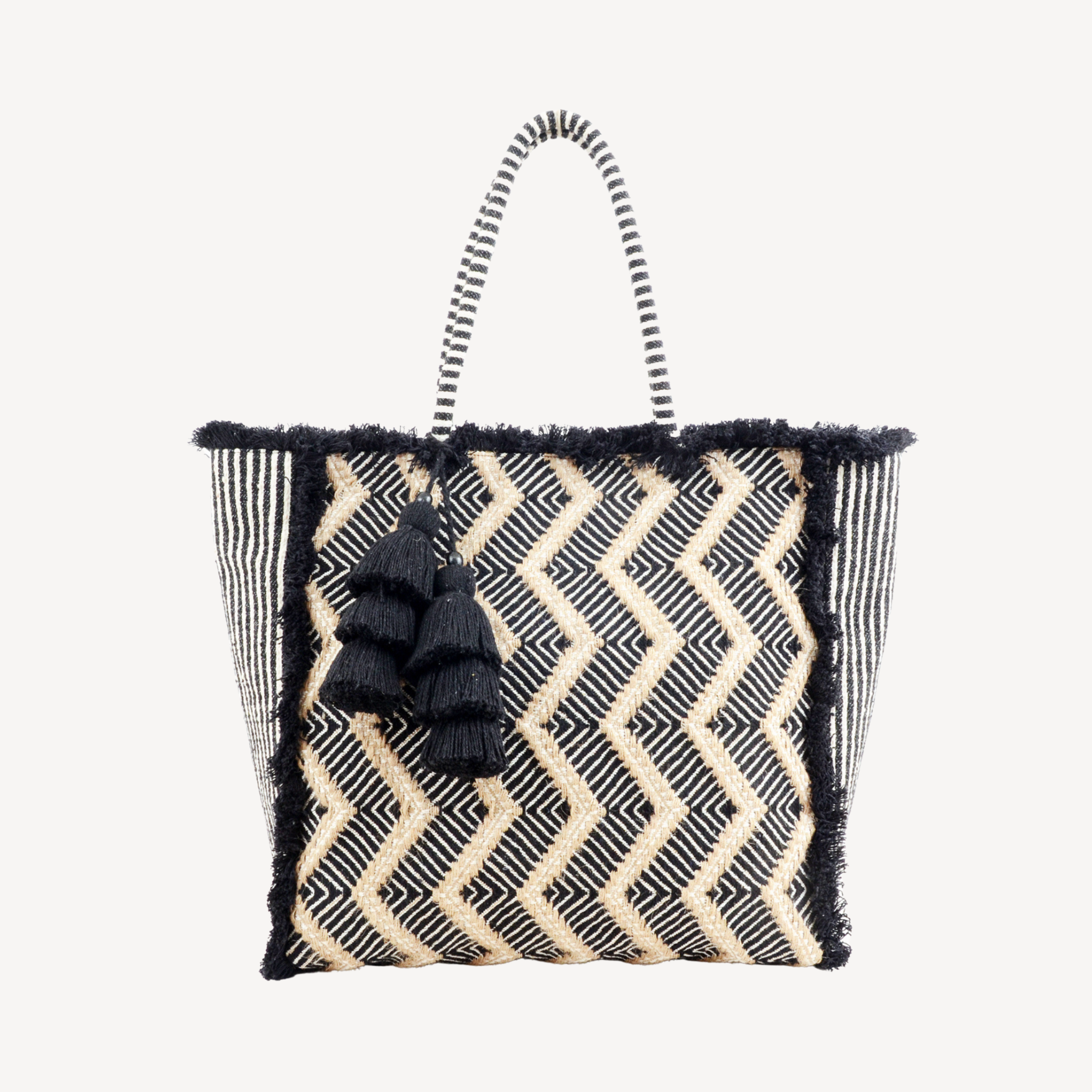 Zig Zag Carry All Shopping Tassel Bag - Black