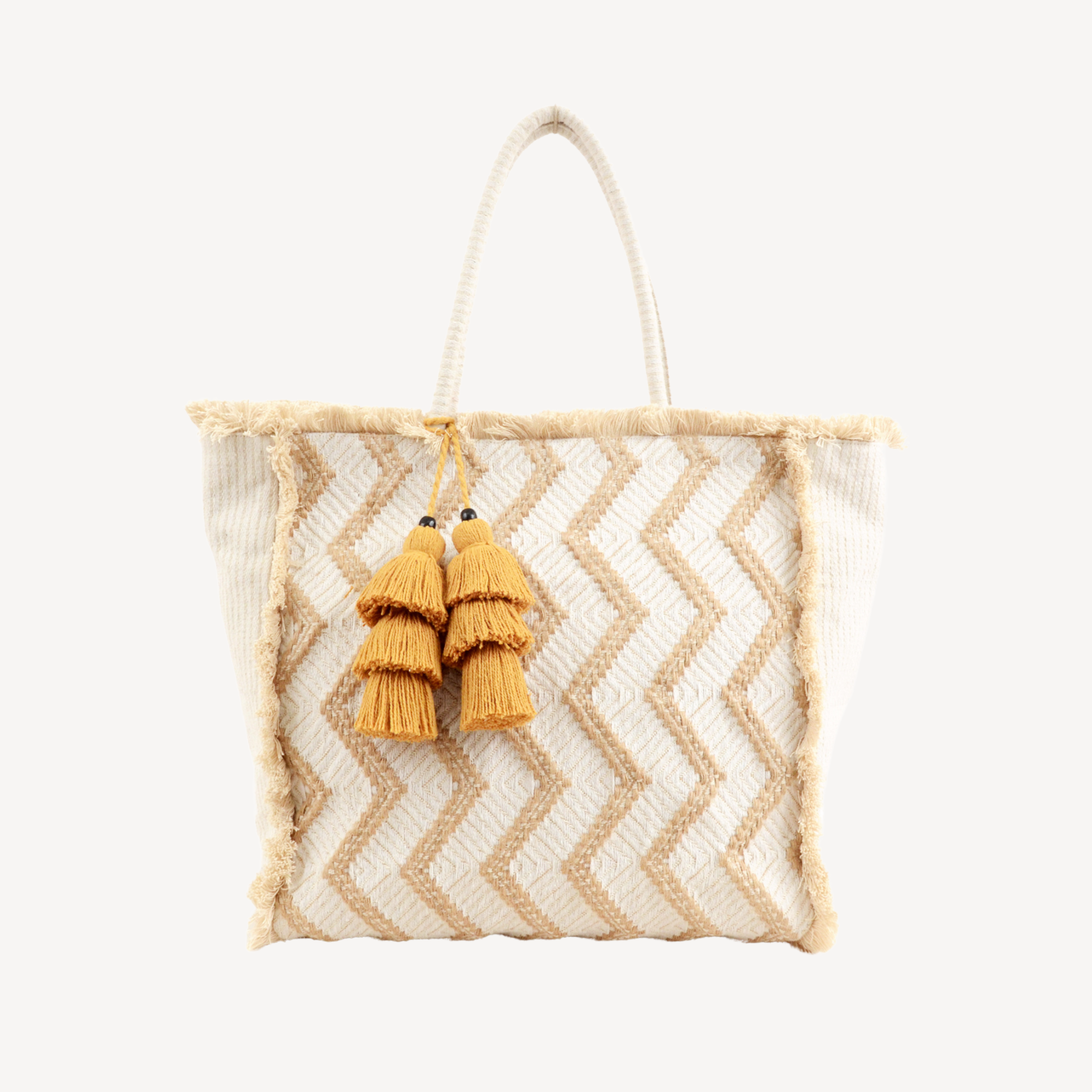 Zig Zag Carry All Shopping Tassel Bag - White