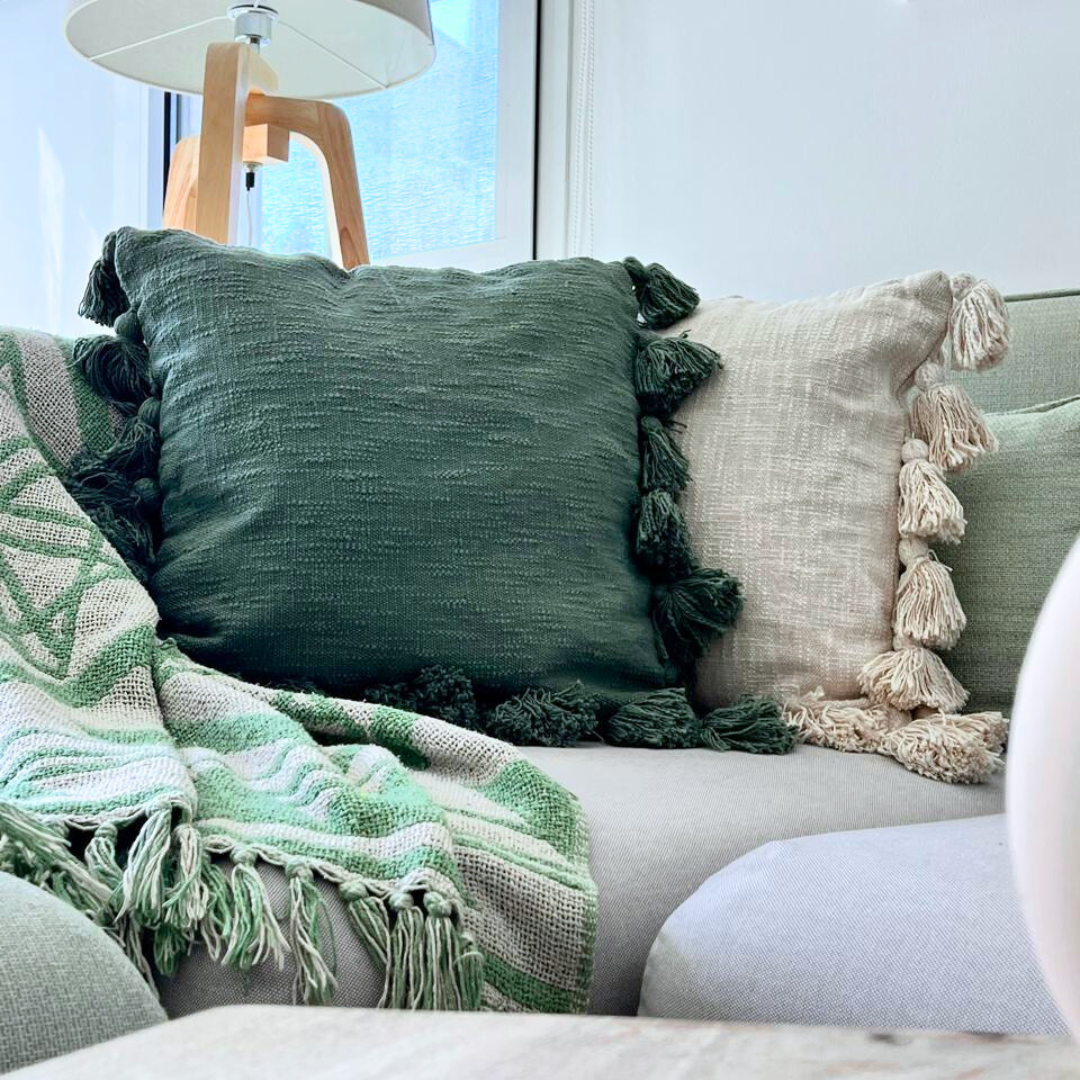 Osga Tasseled Cotton Cushion Cover Leaf Green 45 x 45 cm