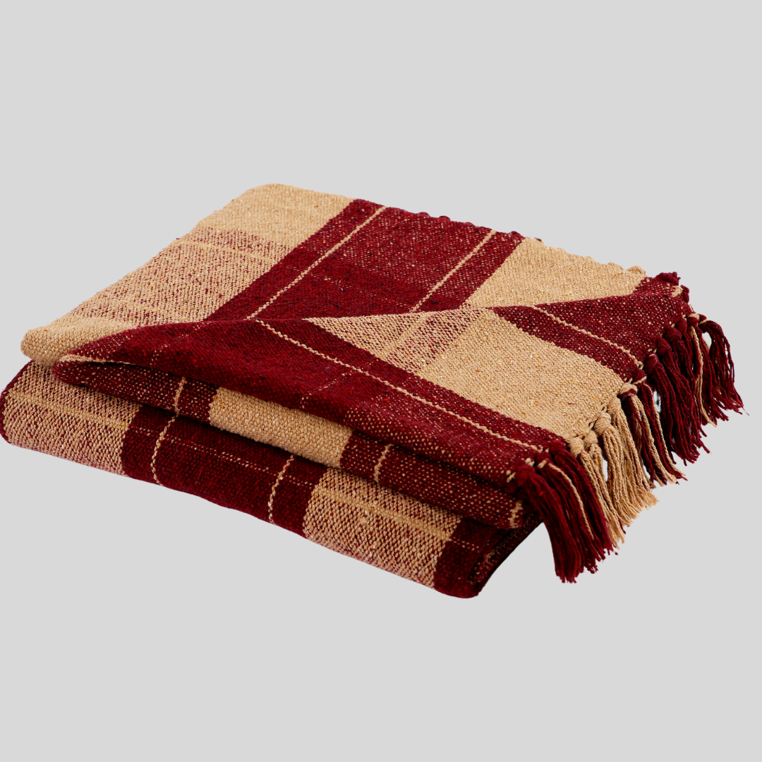 Maroon Checkered Handwoven Cotton Throw with fringe 50" x 60" (127 x 172 cm)