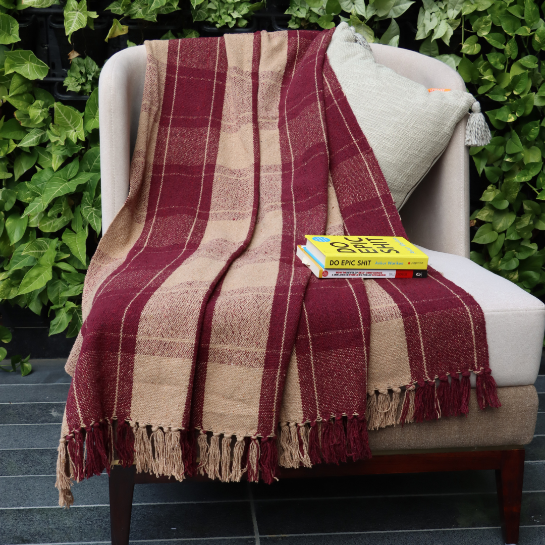Maroon Checkered Handwoven Cotton Throw with fringe 50" x 60" (127 x 172 cm)