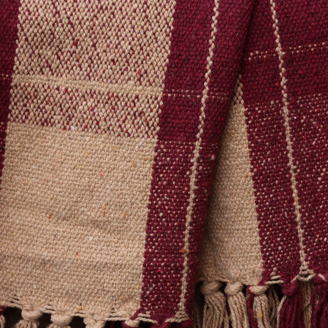 Maroon Checkered Handwoven Cotton Throw with fringe 50" x 60" (127 x 172 cm)