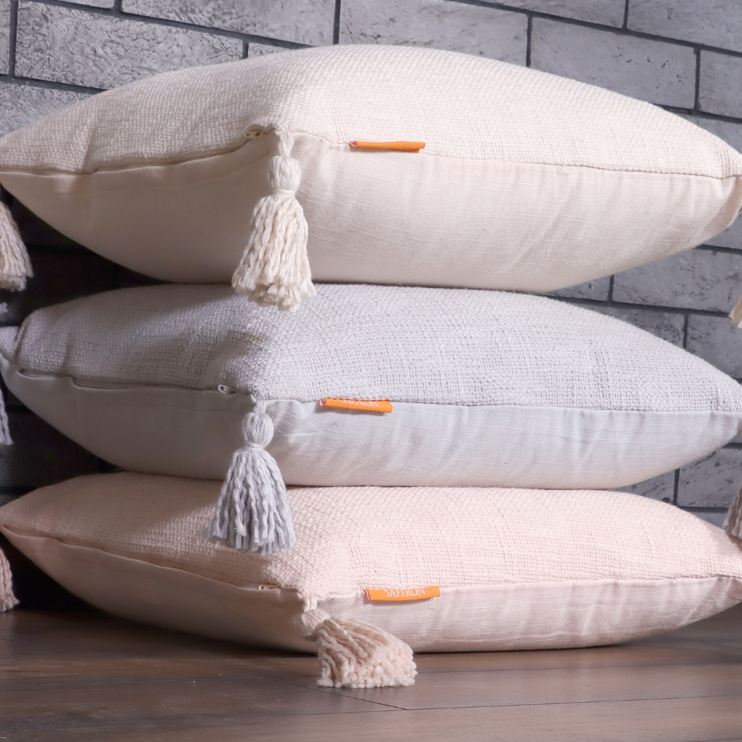 Cream Cotton Throw cushion with Tassels 45 x 45 cm- Two Pieces