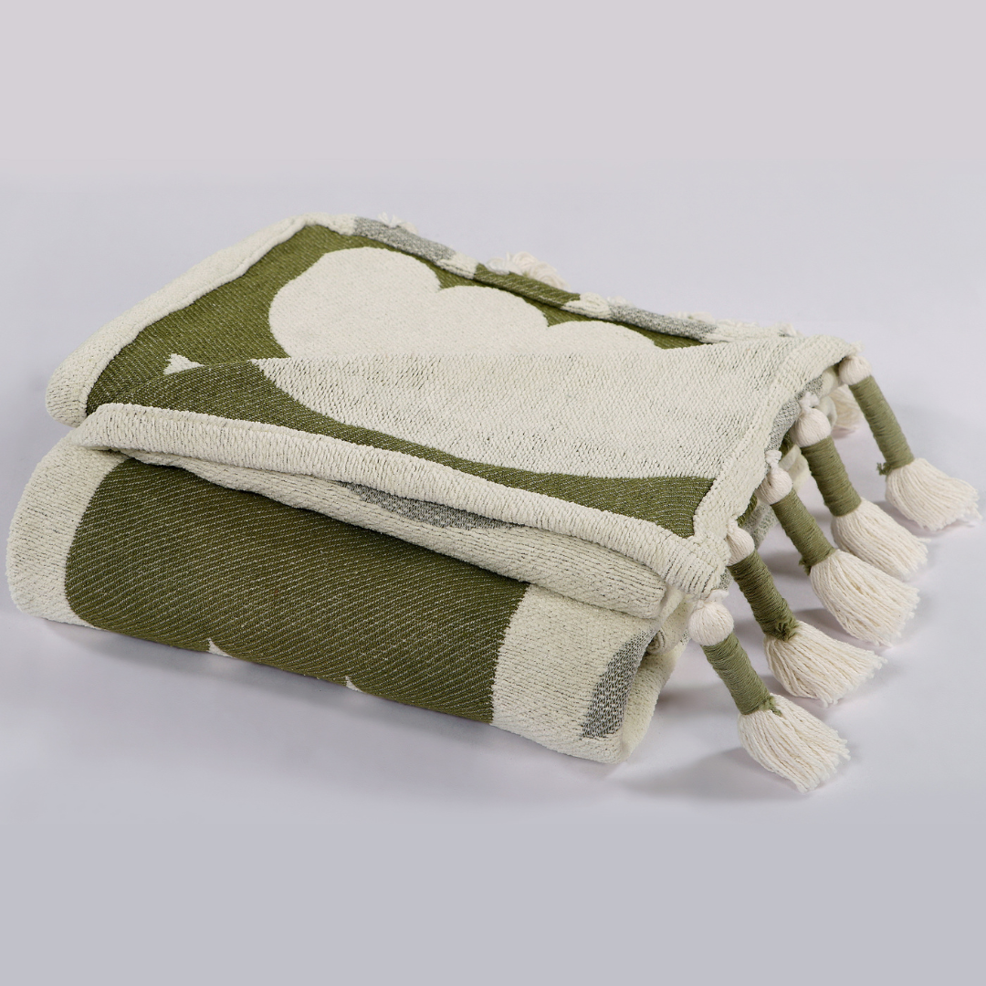 Olive Green  Handwoven Cotton Throw with fringe 50" x 60" (127 x 172 cm)