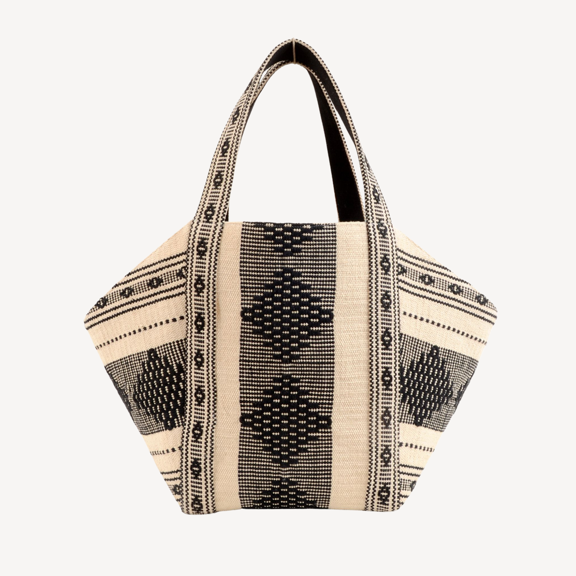 Safa Woven Tote Bag - Beige & Black, Large