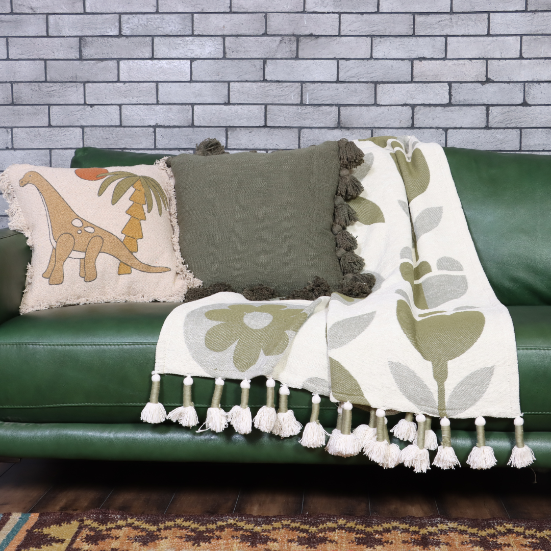 Olive Green  Handwoven Cotton Throw with fringe 50" x 60" (127 x 172 cm)
