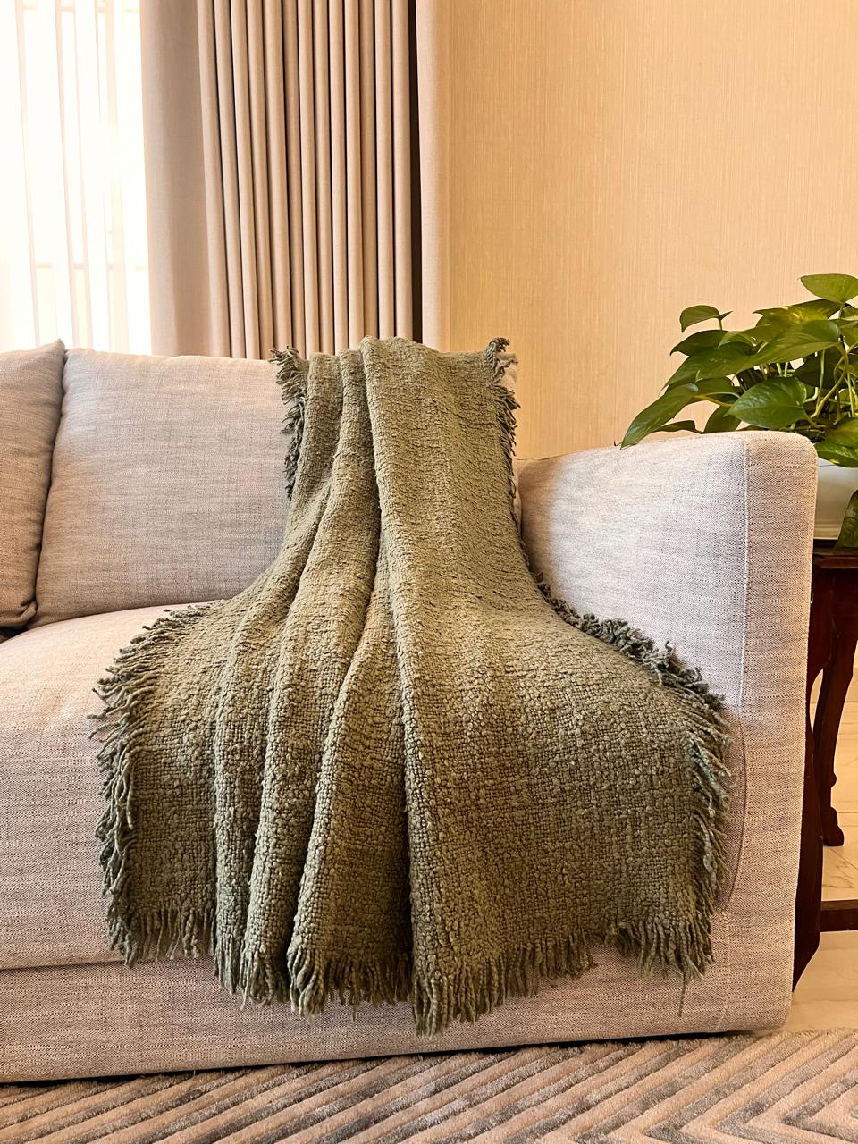 Amal Boucle Throw with fringe Olive 50" x 70" (130 x 180 cm)