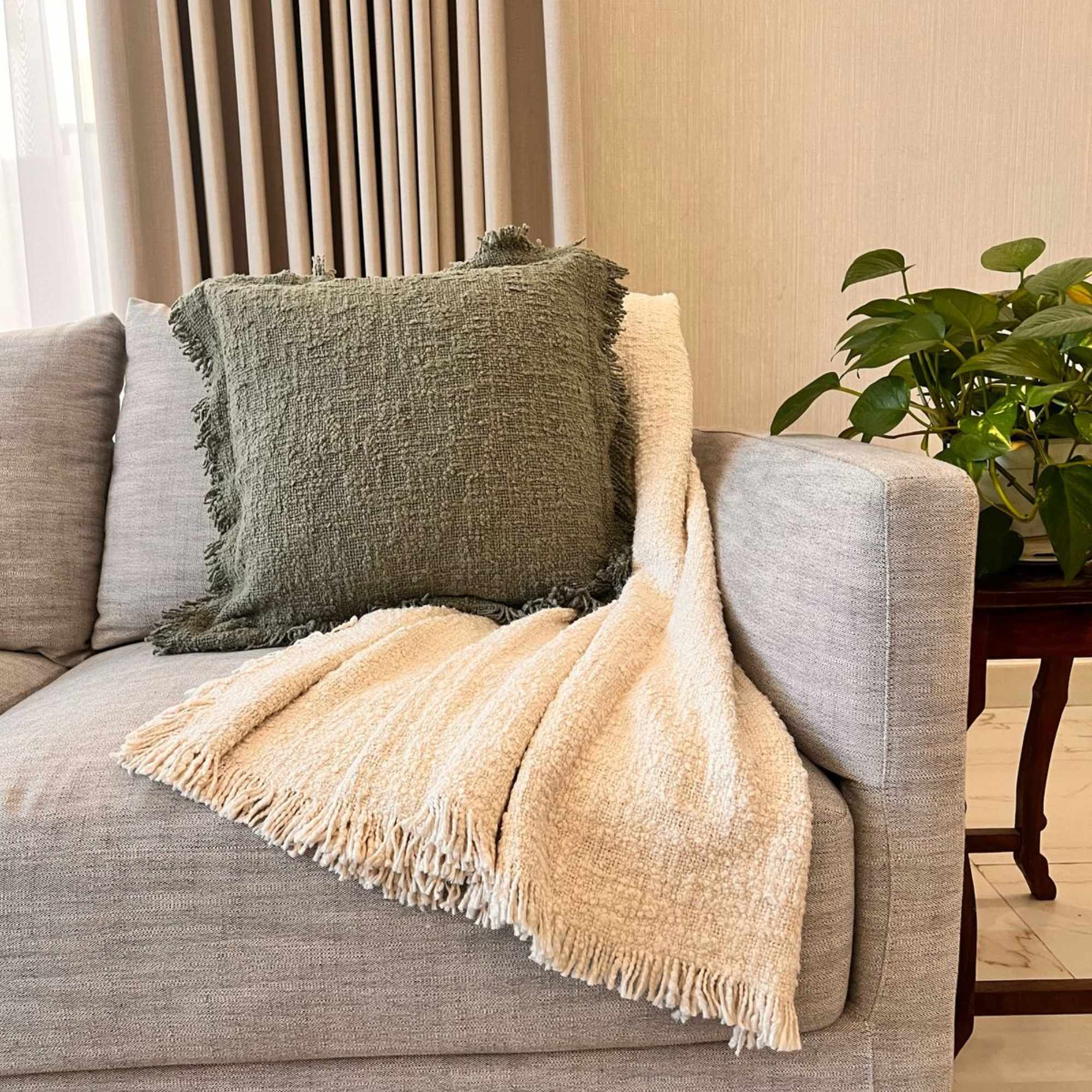 Amal Boucle Throw with Fringe Natural 50" x 70" (130 x 180 cm)